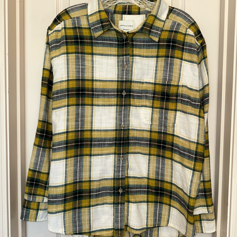 American Eagle Outfitters Yellow Green Plaid Button-Down Shirt